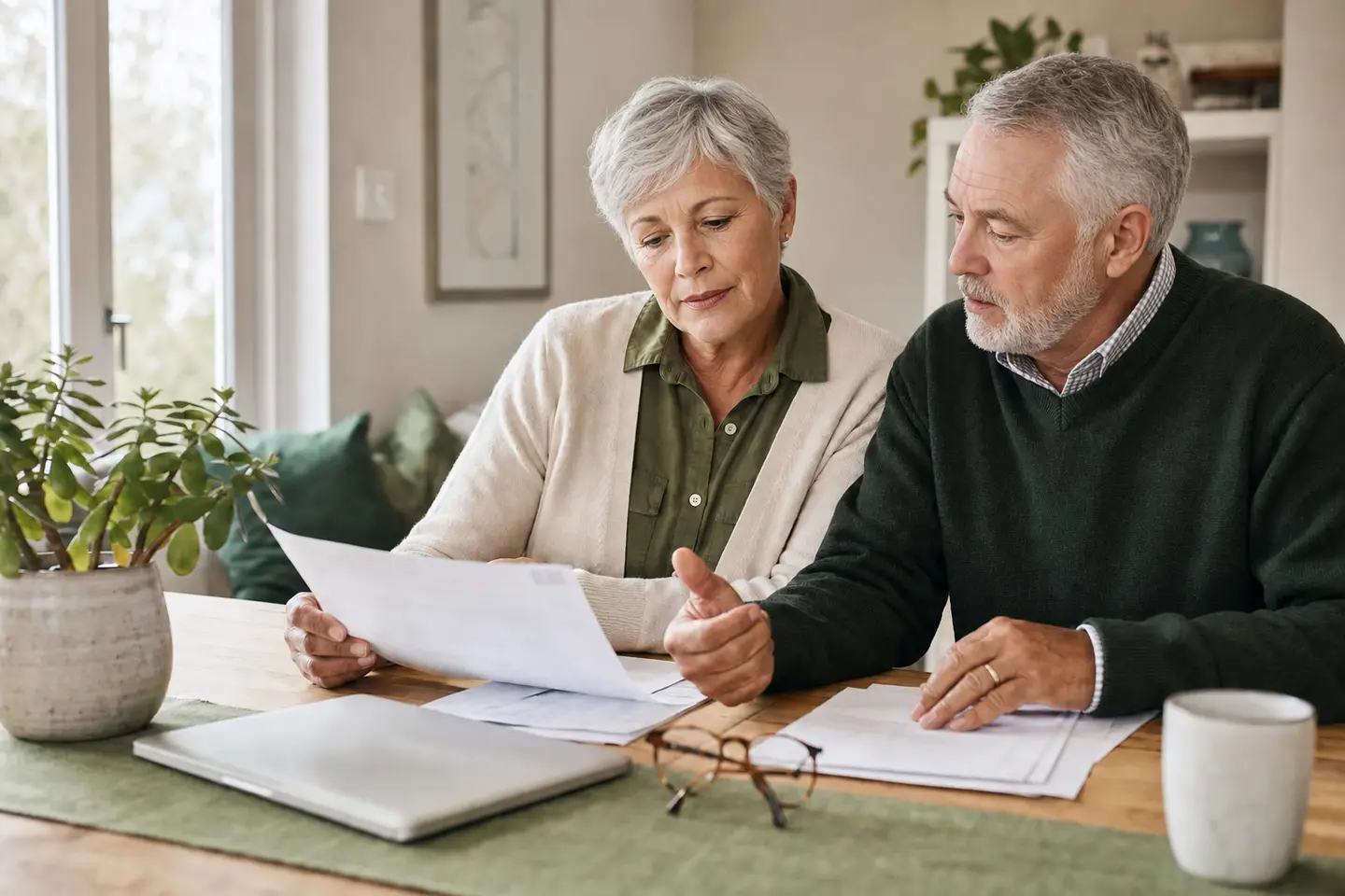 A retired couple reviewing their financial plans together at home